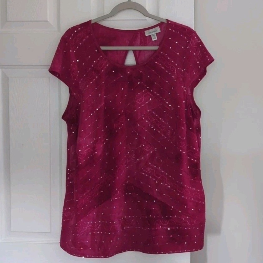 Short Sleeve Top Magenta Pink Tie Dye Sequin Layered Keyhole Back 2X Whimsigoth
